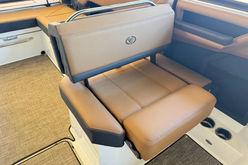 Slide: The Image of Luxurious tan seating in 2025 Cobalt R8 boat interior, featuring premium materials and design. - 17
