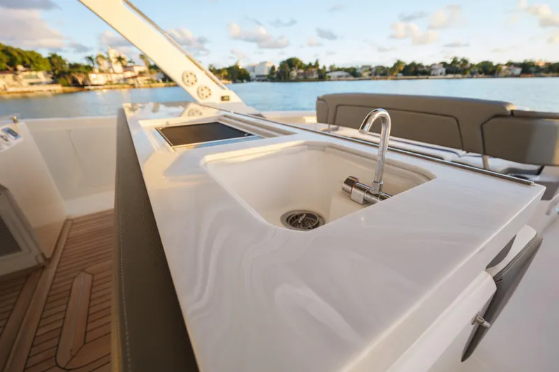 Slide: The Image of Luxury yacht Tiara Yachts 43 LS 2020 with sleek outdoor sink and scenic water view. - 28