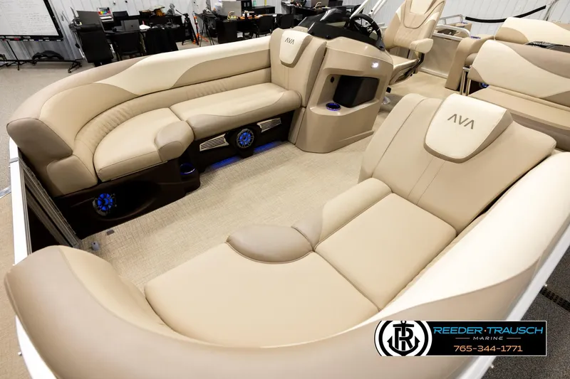 Slide: The Image of Luxurious interior of 2026 Avalon LSZ ENT pontoon boat with plush seating and modern design. - 10