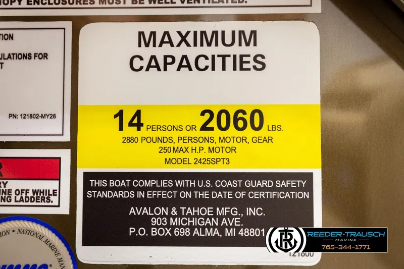 Slide: The Image of 2026 Avalon LSZ ENT capacity label: 14 persons, 2060 lbs, 250 max HP motor compliance. - 58