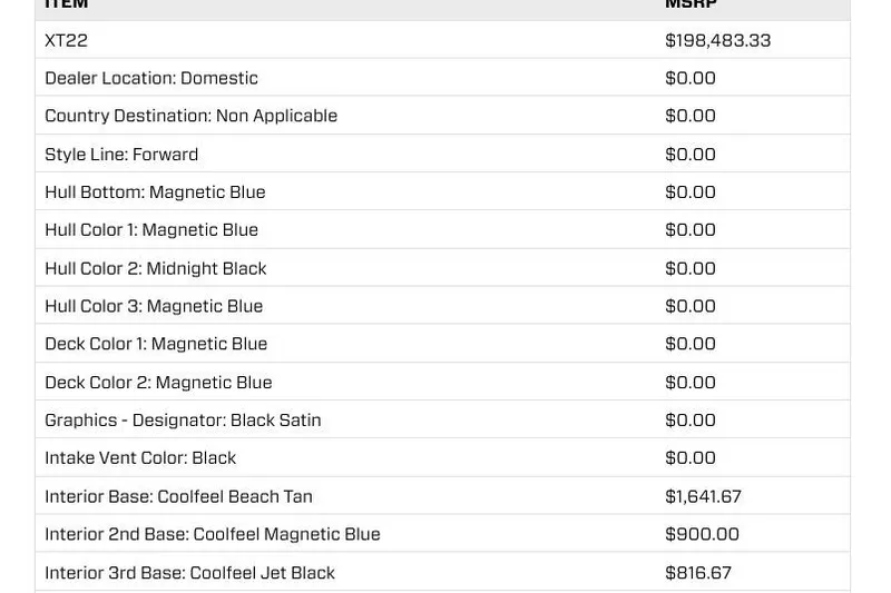 Slide: The Image of 2026 MasterCraft XT22 boat pricing and specifications, featuring Magnetic Blue and Midnight Black colors. - 16