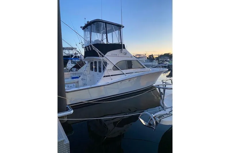 Slide: The Image of 1990 Luhrs 320 Tournament boat docked at sunset, featuring a flybridge and sleek design. - 9