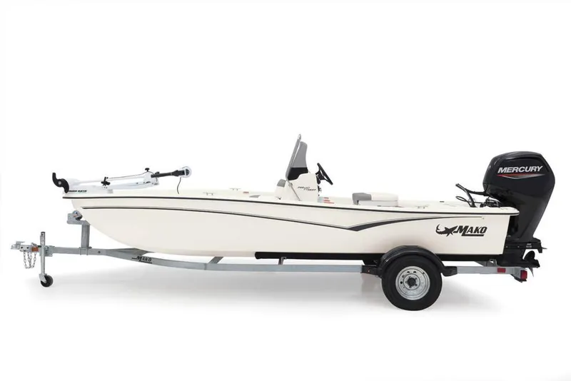Slide: The Image of 2022 Mako Pro Skiff 17 CC boat on trailer, side view. - 16