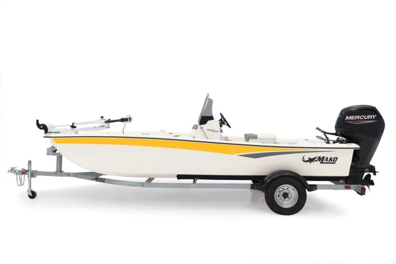 Slide: The Image of 2022 Mako Pro Skiff 17 CC boat on trailer, side view. - 19