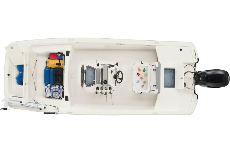 Slide: The Image of Overhead view of a 2022 Mako Pro Skiff 17 CC boat with gear. - 22