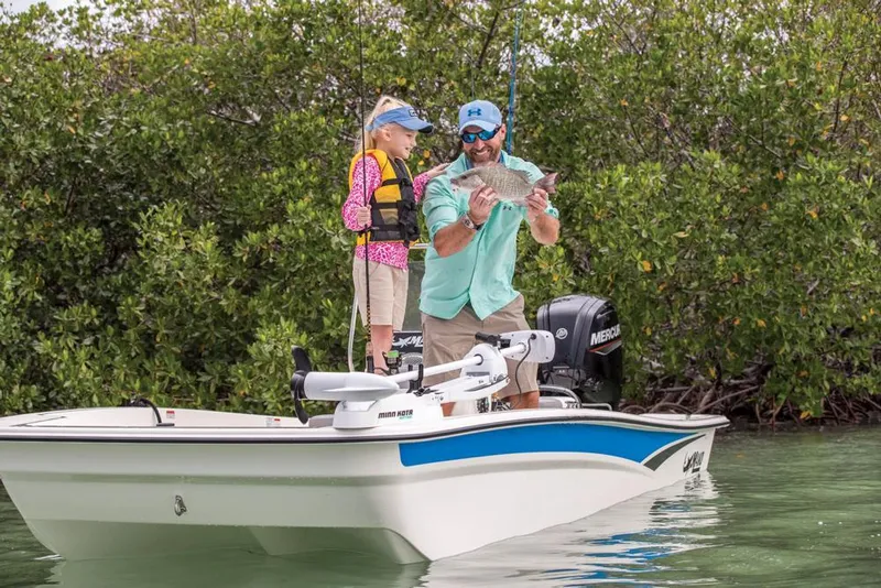 Slide: The Image of Family fishing on a 2022 Mako Pro Skiff 17 CC boat. - 28