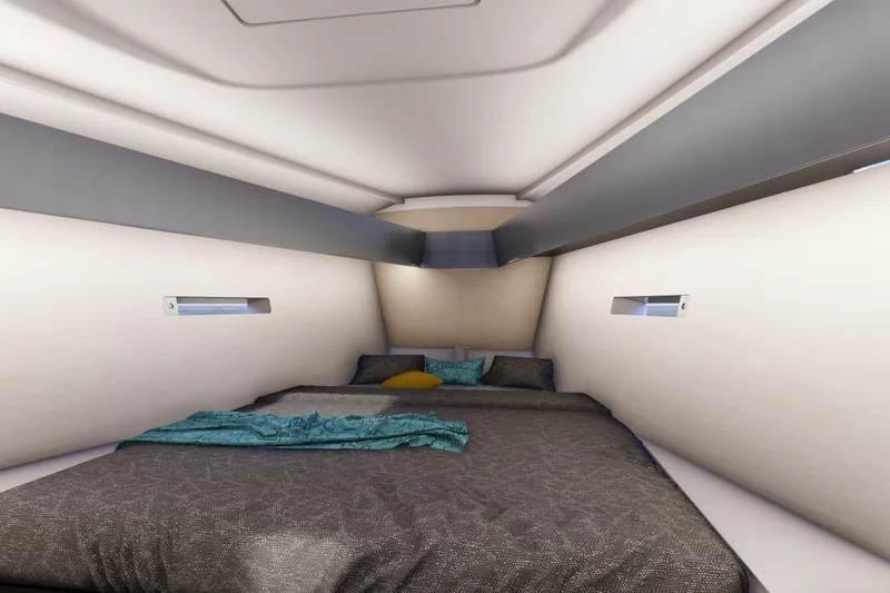Slide: The Image of Luxurious cabin interior of 2026 Italia Yachts 12.98, featuring a cozy bed and modern design. - 13