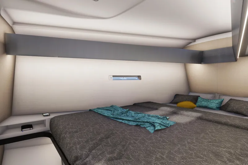 Slide: The Image of Luxurious cabin interior of 2026 Italia Yachts 12.98, featuring modern bedding and sleek design. - 14