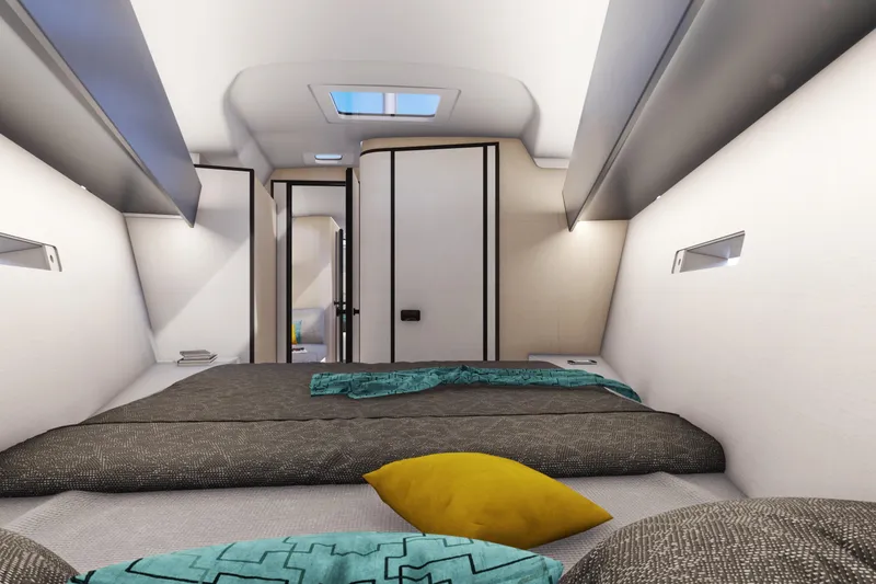 Slide: The Image of Luxurious interior cabin of 2026 Italia Yachts 12.98, featuring modern bedding and sleek design. - 15