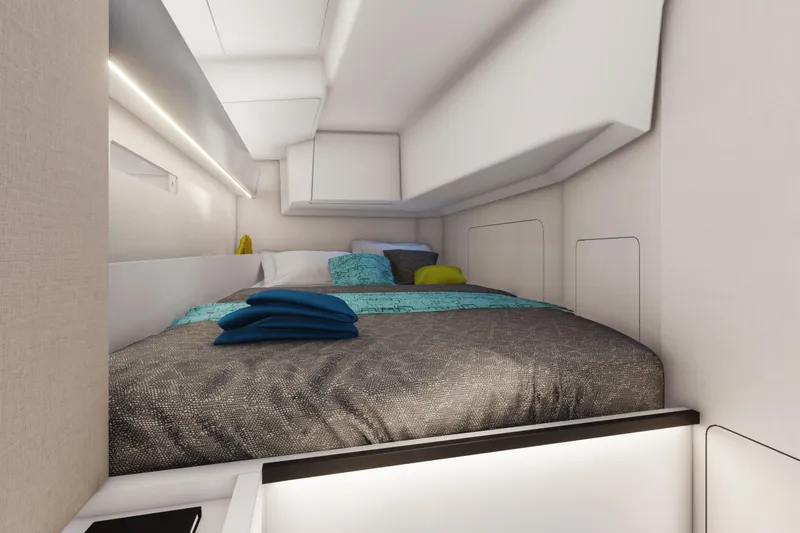 Slide: The Image of Luxurious cabin interior of 2026 Italia Yachts 12.98, featuring modern bedding and sleek design. - 16