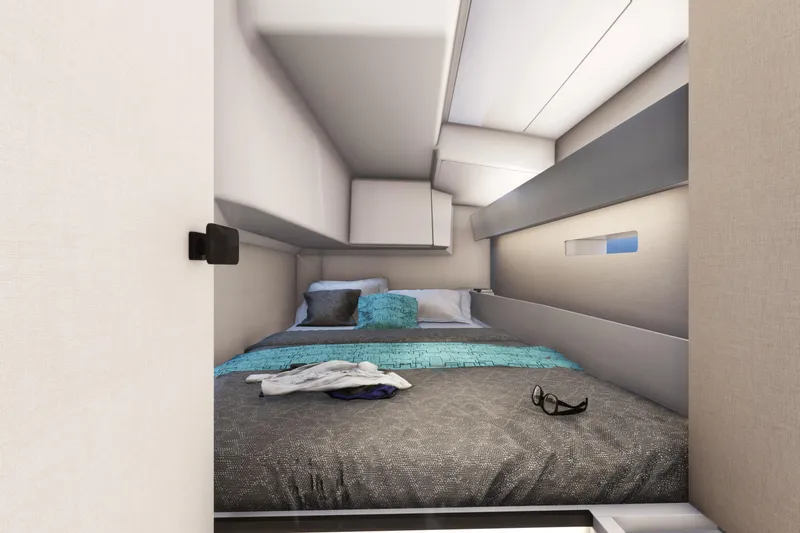 Slide: The Image of Luxurious cabin interior of 2026 Italia Yachts 12.98, featuring modern bedding and sleek design. - 17