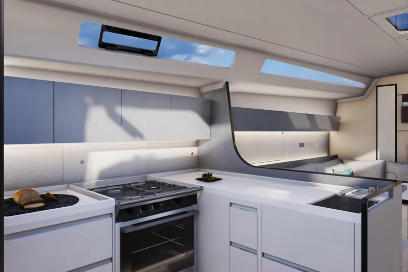 Slide: The Image of Modern interior of 2026 Italia Yachts 12.98, featuring sleek kitchen design and ample natural light. - 18