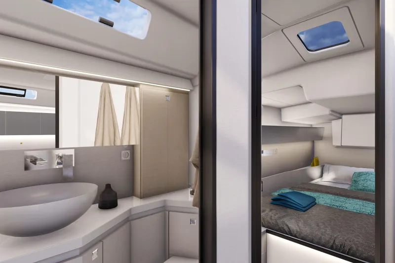 Slide: The Image of Luxurious interior of 2026 Italia Yachts 12.98, featuring modern bathroom and cozy bedroom. - 19