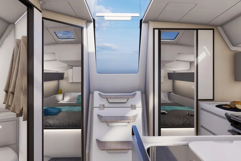 Slide: The Image of Luxurious interior of 2026 Italia Yachts 12.98, featuring modern cabins and sleek design. - 20