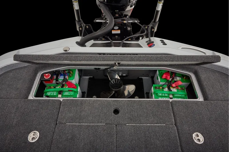 Slide: The Image of Manufacturer Provided Image: 2026 Ranger Z520 boat battery compartment with multiple batteries and wiring. - 70