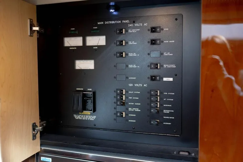 Slide: The Image of Main distribution panel on 2009 Searay 43 Sundancer yacht, showcasing electrical controls. - 24