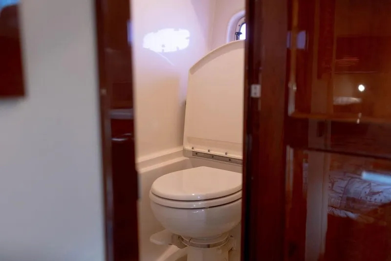Slide: The Image of 2009 Searay 43 Sundancer yacht bathroom interior with toilet and wooden door. - 28