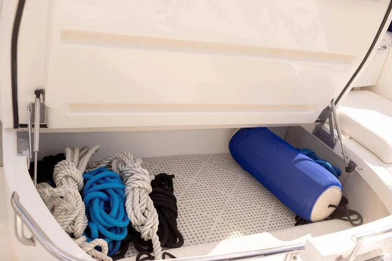 Slide: The Image of Storage compartment on 2009 Searay 43 Sundancer with ropes and a blue fender. - 42