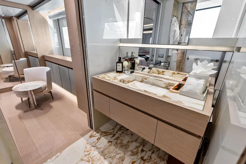 Slide: The Image of Luxurious bathroom interior on 2023 Sanlorenzo SD126 yacht with marble sink and modern design. - 17