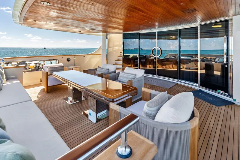 Slide: The Image of Luxurious 2023 Sanlorenzo SD126 yacht deck with elegant seating and ocean view. - 2