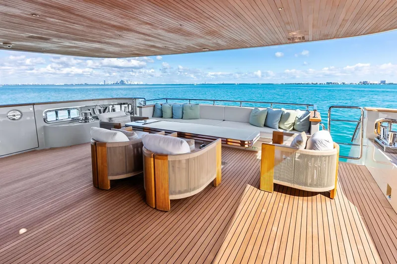 Slide: The Image of Luxurious 2023 Sanlorenzo SD126 yacht deck with elegant seating and ocean view. - 3