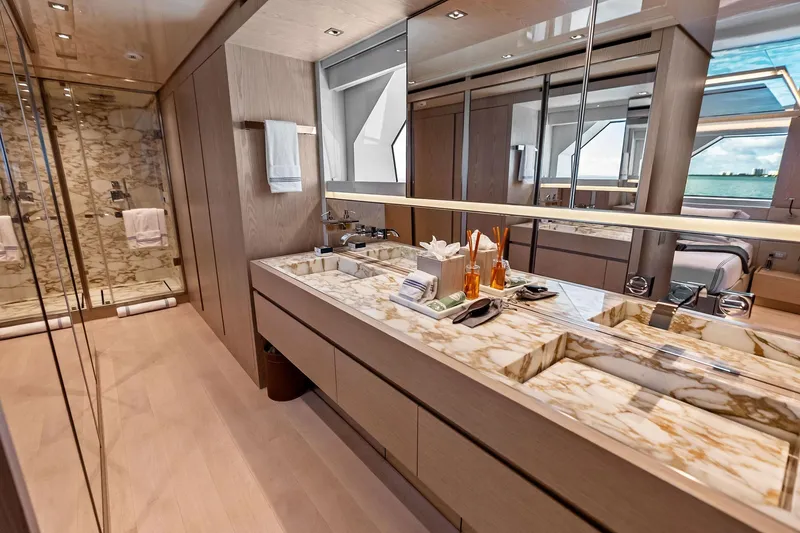 Slide: The Image of Luxurious bathroom on 2023 Sanlorenzo SD126 yacht with marble countertops and modern fixtures. - 39