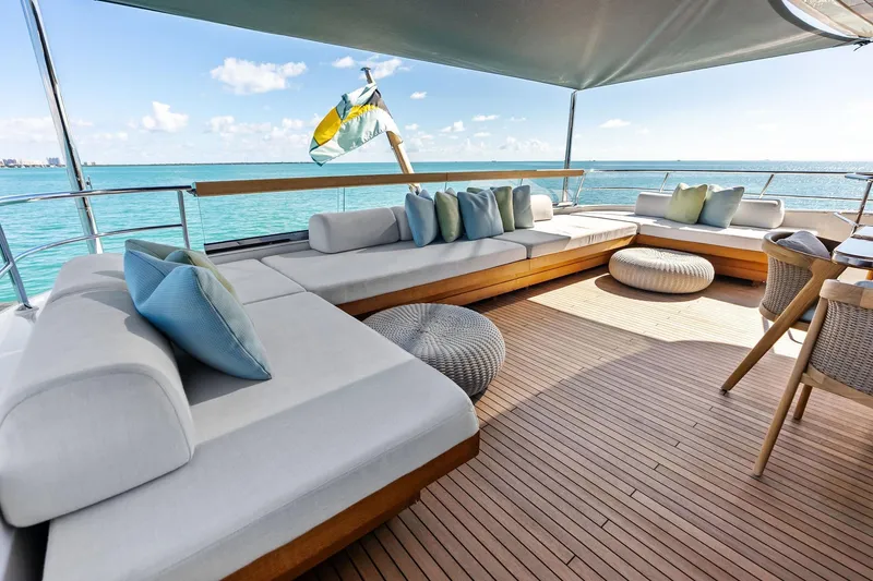 Slide: The Image of Luxurious 2023 Sanlorenzo SD126 yacht deck with elegant seating and ocean view. - 49