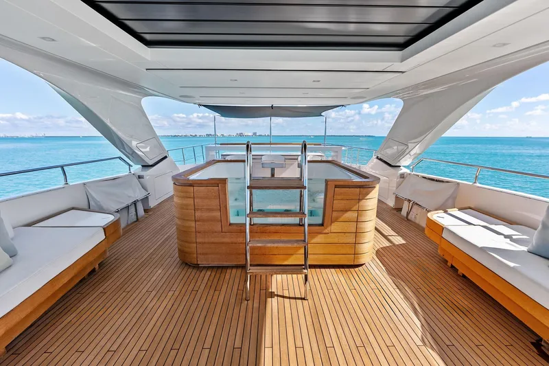Slide: The Image of Luxurious 2023 Sanlorenzo SD126 yacht deck with hot tub and ocean view. - 50