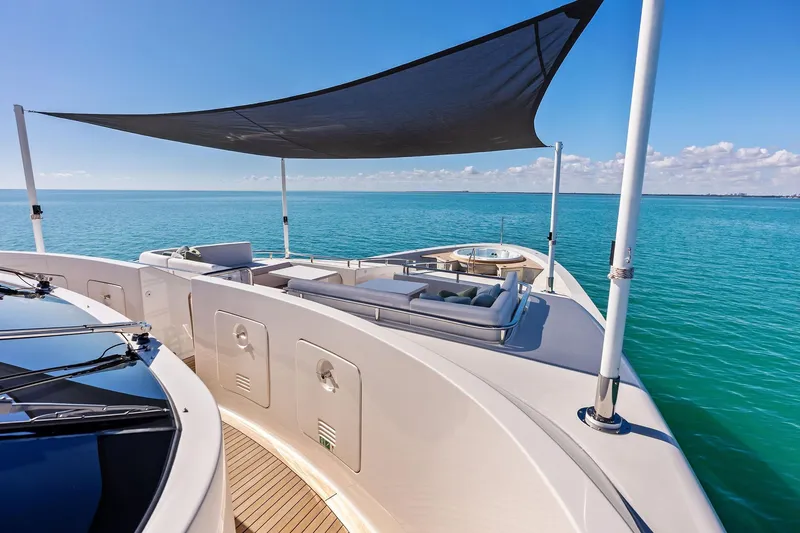 Slide: The Image of Luxurious 2023 Sanlorenzo SD126 yacht deck with sunshade, overlooking serene ocean waters. - 52