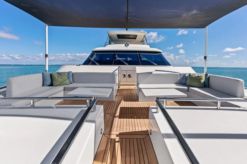 Slide: The Image of Luxurious 2023 Sanlorenzo SD126 yacht deck with modern seating and ocean view. - 53