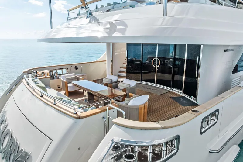 Slide: The Image of Luxurious 2023 Sanlorenzo SD126 yacht deck with elegant seating and ocean view. - 57