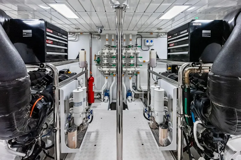Slide: The Image of Engine room of 2023 Sanlorenzo SD126 yacht, featuring advanced machinery and equipment. - 61