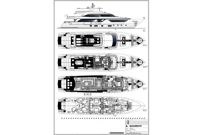 Slide: The Image of Blueprint of 2023 Sanlorenzo SD126 yacht, showcasing detailed deck layouts and side profile. - 69
