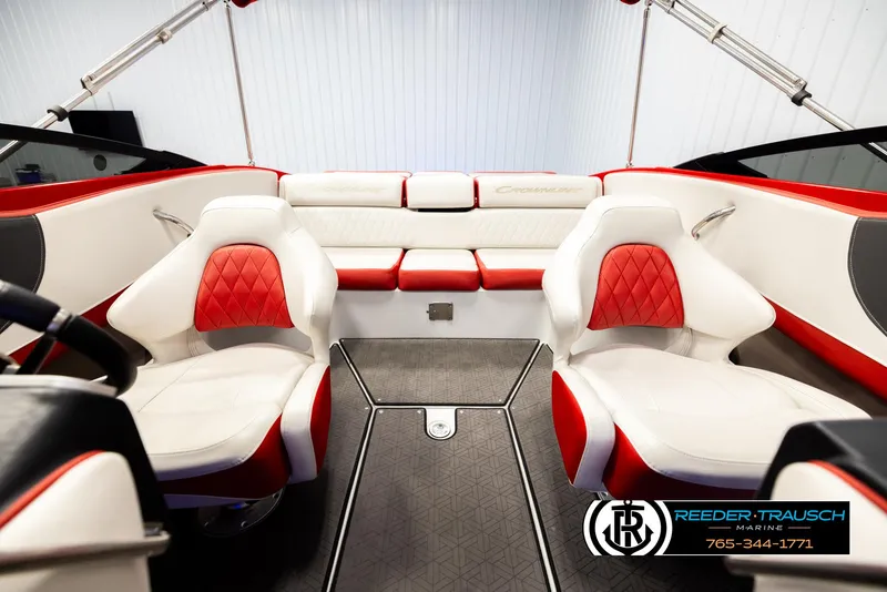 Slide: The Image of Interior of 2022 Crownline 220 LPX boat with red and white seating. - 18