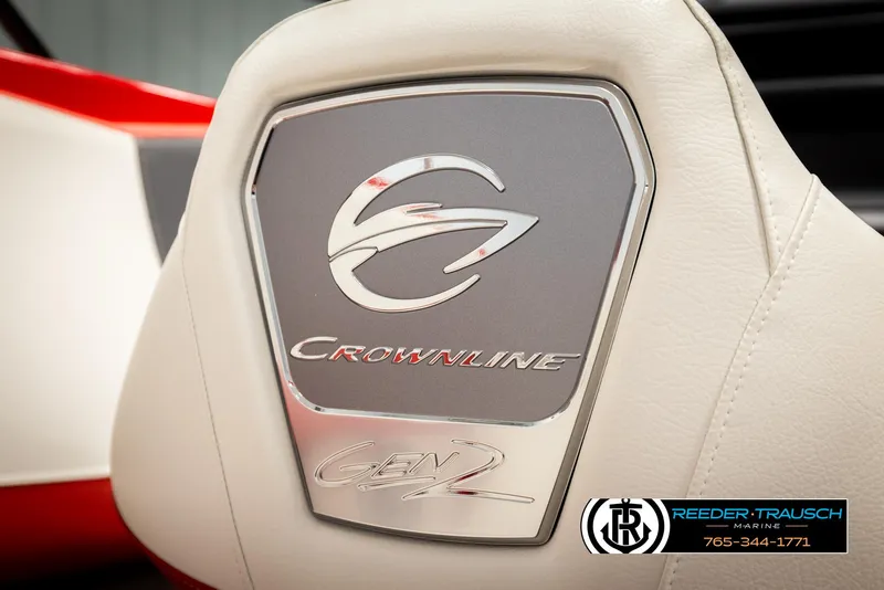 Slide: The Image of Crownline 220 LPX 2022 boat seat with logo and Reeder-Trausch Marine branding. - 39