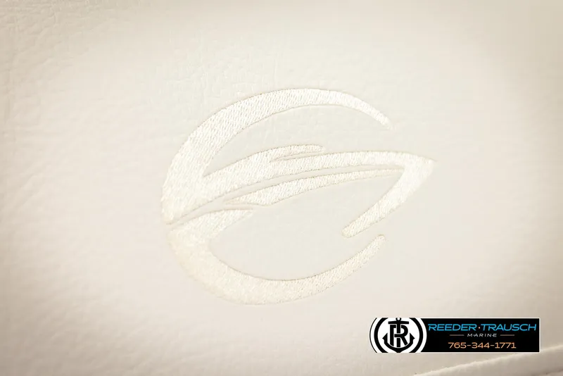 Slide: The Image of Crownline 220 LPX 2022 logo on white leather upholstery, Reeder-Trausch Marine branding. - 41