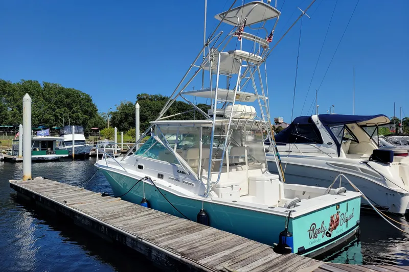 The Image of 1998 Cabo 31 Express with Tower docked at marina under clear blue sky. - 0