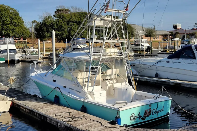Slide: The Image of 1998 Cabo 31 Express with Tower docked at a marina, featuring a sleek design. - 47