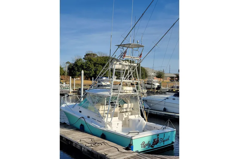 Slide: The Image of 1998 Cabo 31 Express with Tower docked at marina, featuring fishing equipment and clear skies. - 48