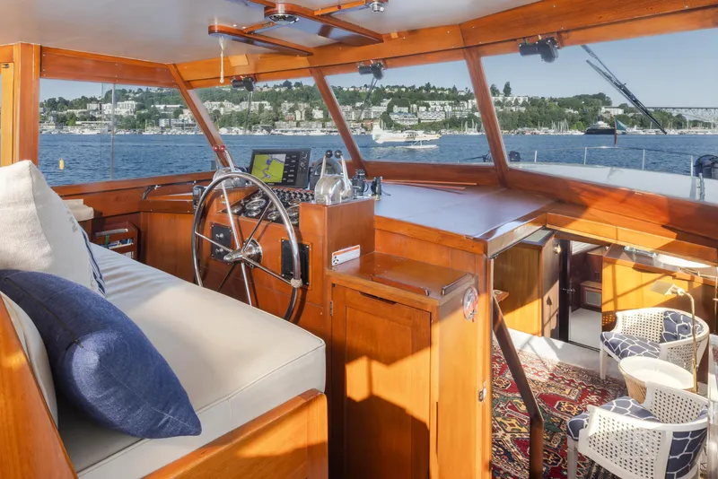 Slide: The Image of Interior of a 1965 Stephens Flushdeck yacht with wooden furnishings. - 17