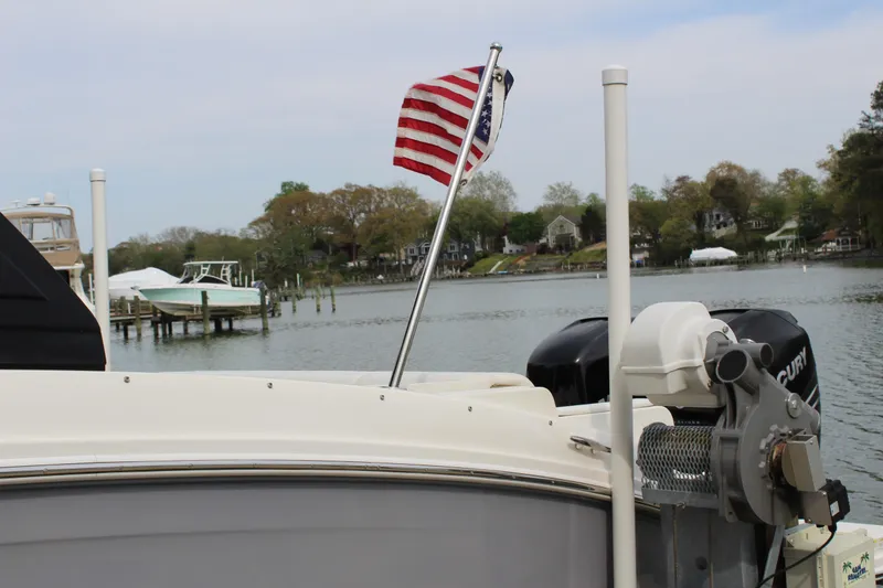 Slide: The Image of 2018 Sea Ray SDX 290 Outboard with American flag on a lake. - 12