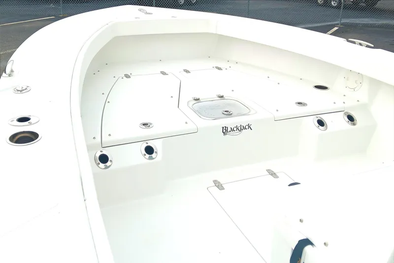 Slide: The Image of 2026 BlackJack 256 Coastal boat interior with storage compartments and rod holders. - 8