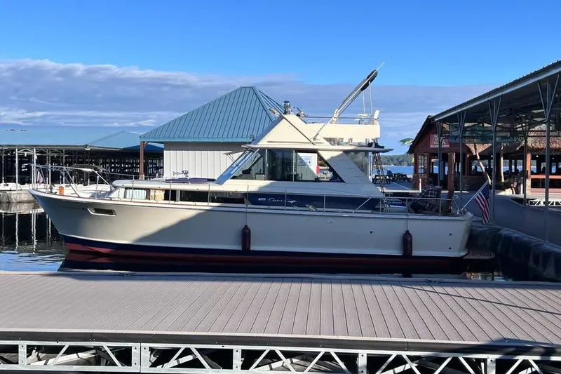 The Image of 1969 Chris-Craft 338 Commander docked at marina under clear blue sky. - 0