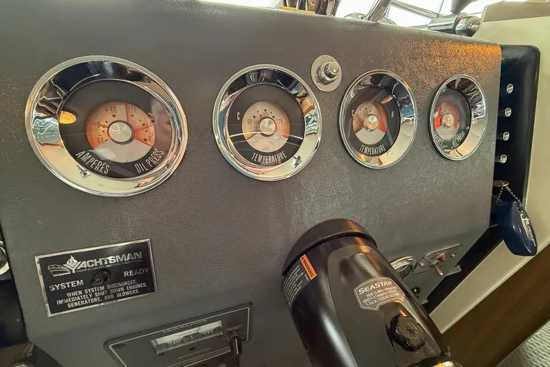 Slide: The Image of Dashboard of a 1969 Chris-Craft 338 Commander with gauges and controls. - 11