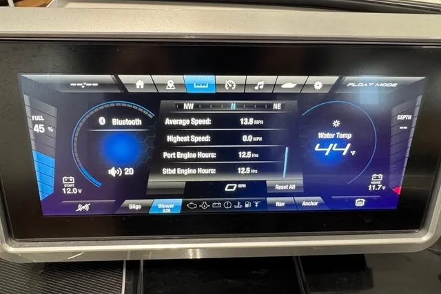 Slide: The Image of Dashboard of 2025 Yamaha Boats 252SE showing speed, engine hours, and water temperature. - 19