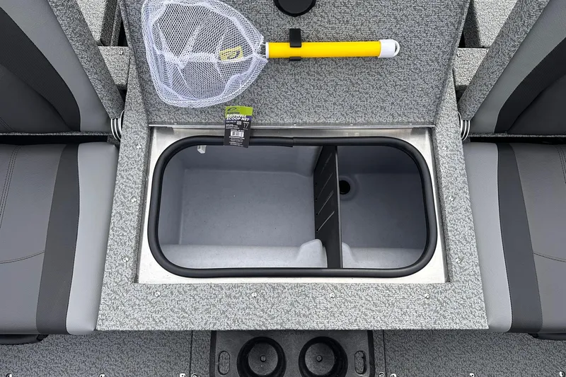 Slide: The Image of 2026 Lund 1775 Adventure Sport boat interior with livewell and fishing net. - 11