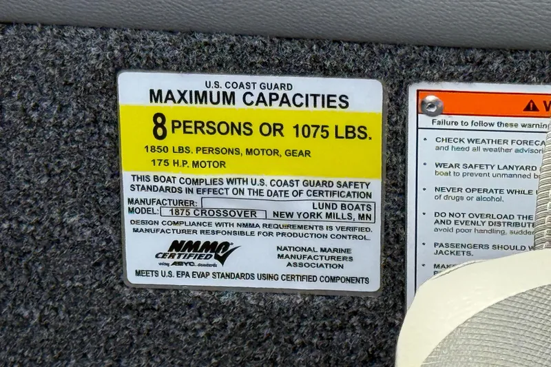 Slide: The Image of Capacity label for 2026 Lund 1875 Crossover XS, 8 persons or 1075 lbs, 175 HP motor. - 38