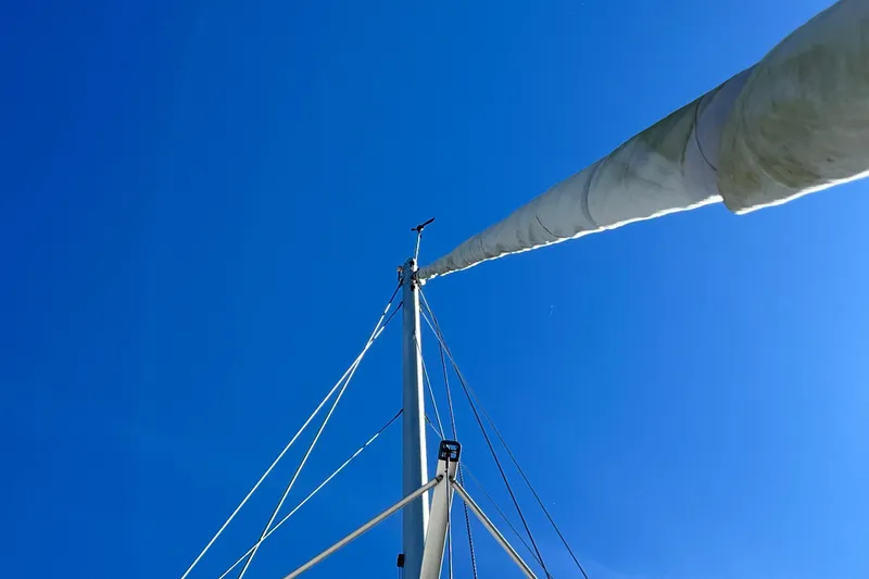 Slide: The Image of View of Gemini Legacy 35 sailboat mast against clear blue sky, 2013 model. - 112
