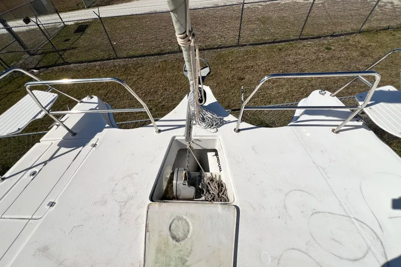 Slide: The Image of Deck view of 2013 Gemini Legacy 35 catamaran with anchor storage. - 117