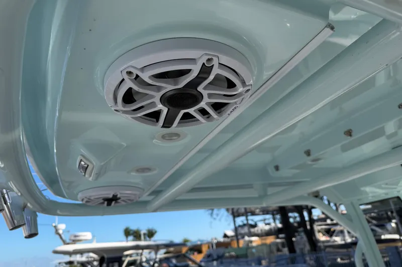 Slide: The Image of 2023 Everglades 285 Center Console boat speaker system detail. - 19